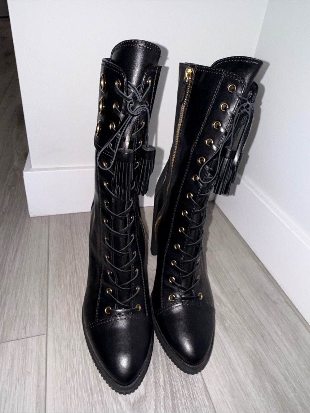 Tod's Black Lace-Up Leather Boots with Tassel Zipper